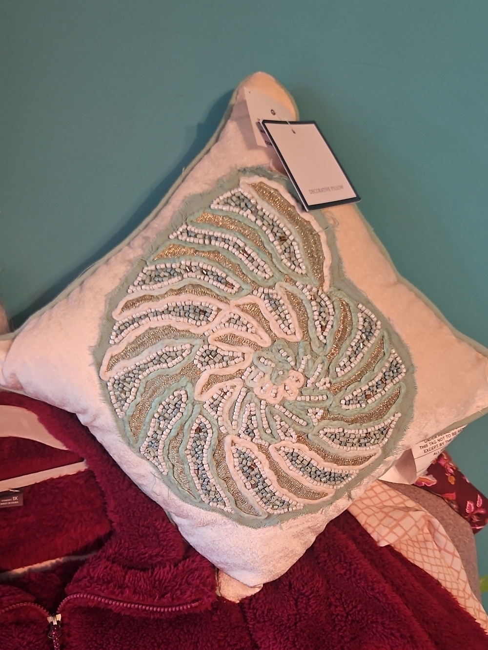 Embellished Mint and Cream Decorative Accent Pillow